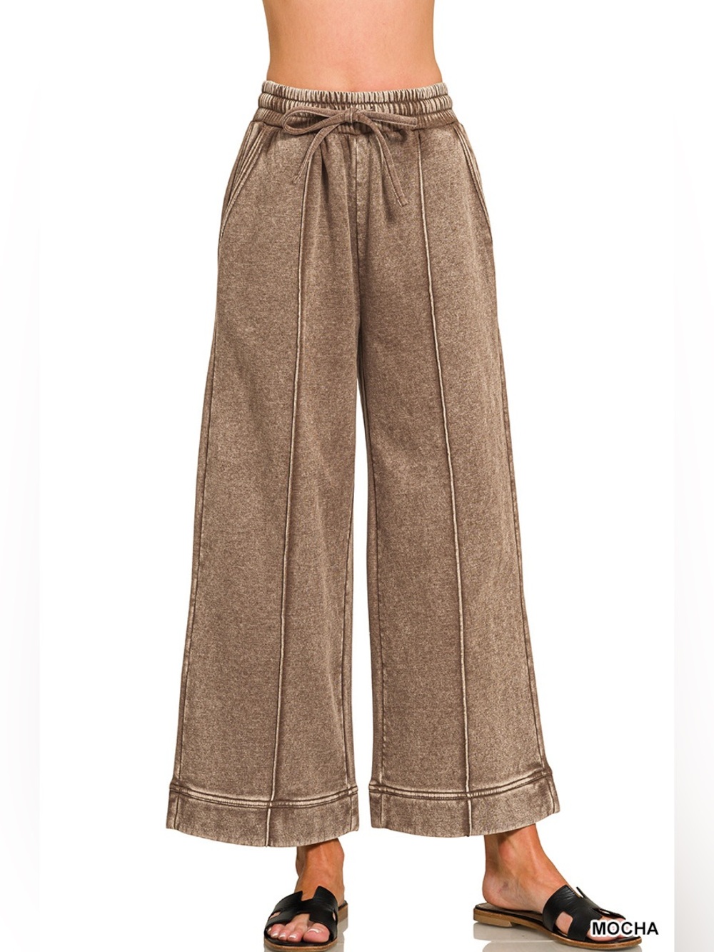 Zenana Mocha Acid Washed Fleece Pintuck Wide Leg Cropped Pants
